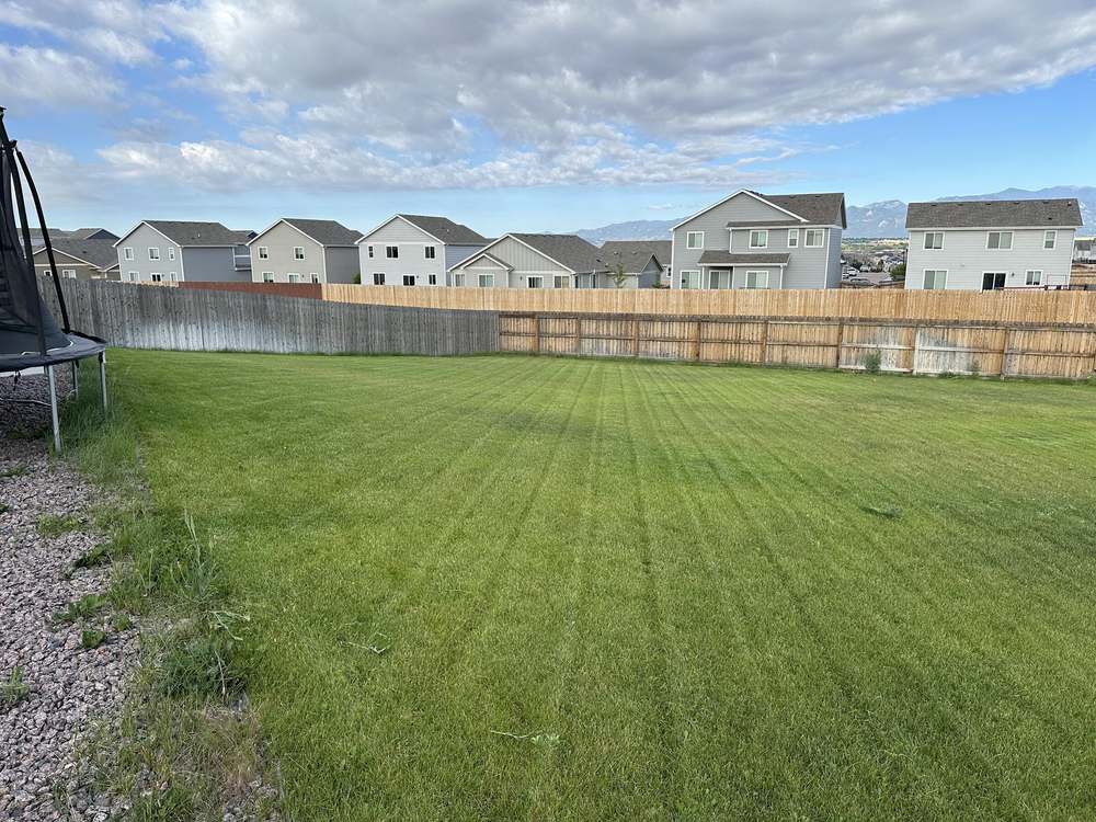 A large back lawn mowed in even stripes, with a post-and-rail fence and trees at the far side
